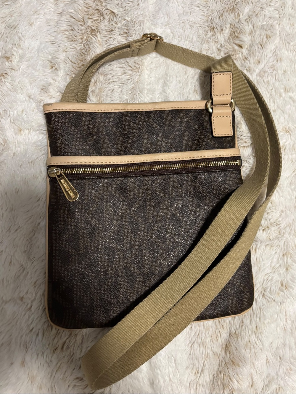 Michael Kors Brown Signature MK Logo Flat Crossbody Bag Tan Trim Webbing Strap